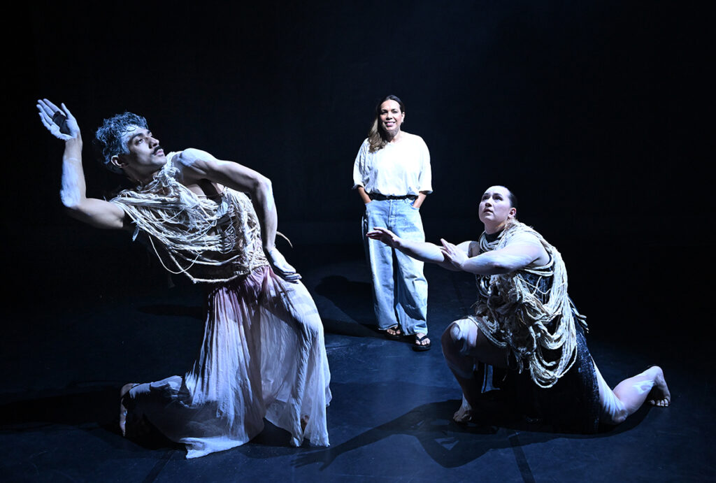 Frances Rings (centre), artistic director of Bangarra Dance Theatre is seen with Bangarra dancers Daniel Mateo (left) and Chantelle Lee Lockhart (right) at the Queensland Performing Arts Centre (QPAC) in Brisbane. Bangarra will be honoured with the prestigious Golden Lion for Lifetime Achievement in Dance award at the Venice Biennale. Picture: AAP