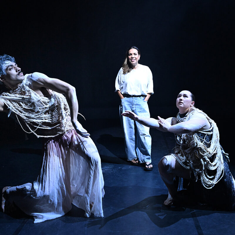 Frances Rings (centre), artistic director of Bangarra Dance Theatre is seen with Bangarra dancers Daniel Mateo (left) and Chantelle Lee Lockhart (right) at the Queensland Performing Arts Centre (QPAC) in Brisbane. Bangarra will be honoured with the prestigious Golden Lion for Lifetime Achievement in Dance award at the Venice Biennale. Picture: AAP